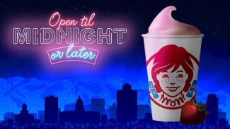 Wendy's Strawberry Frosty with "Open 'til Midnight or Later" text